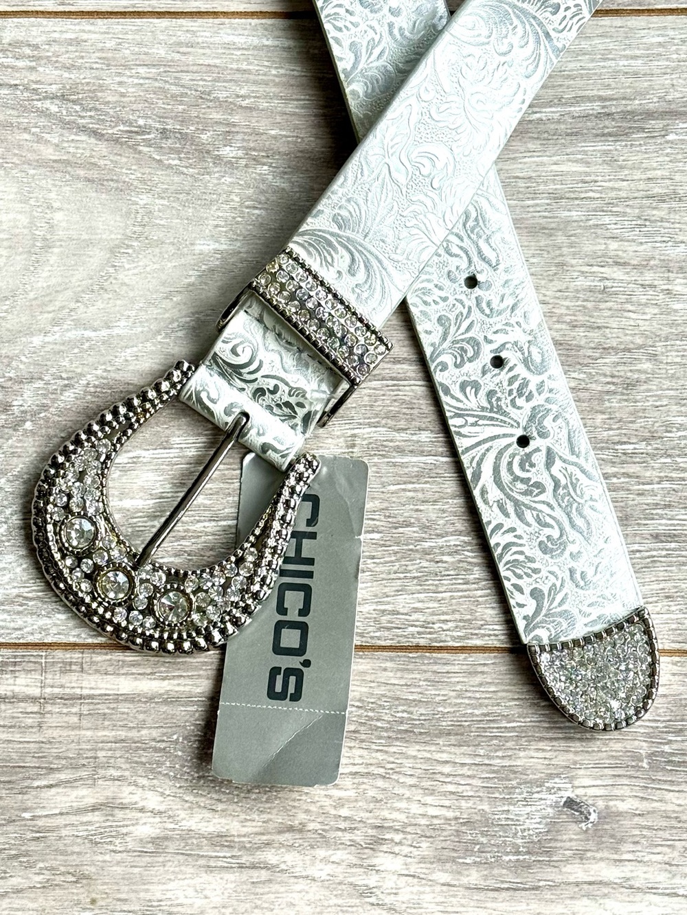 Chico's White Embossed Paisley Belt with Rhinestone Buckle